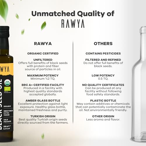 RAWYA Organic Black Seed Oil - Unfiltered - Full Spectrum- Cold Pressed - Turkish Origin - Black Cumin - Kalonji - Nigella Sativa Supplement with Omega 3, 6, 9 - Skin Condition & Hair Growth - 250 ml