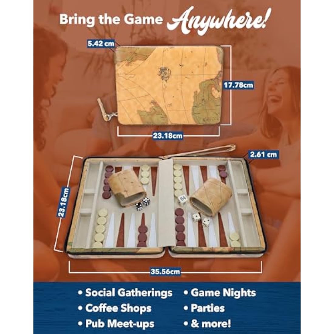 WE Games Travel Backgammon Set - Magnetic Board Game with 30 Chips, 2 Vinyl Dice Cups, 4 Dice & Tan Map Leatherette Case