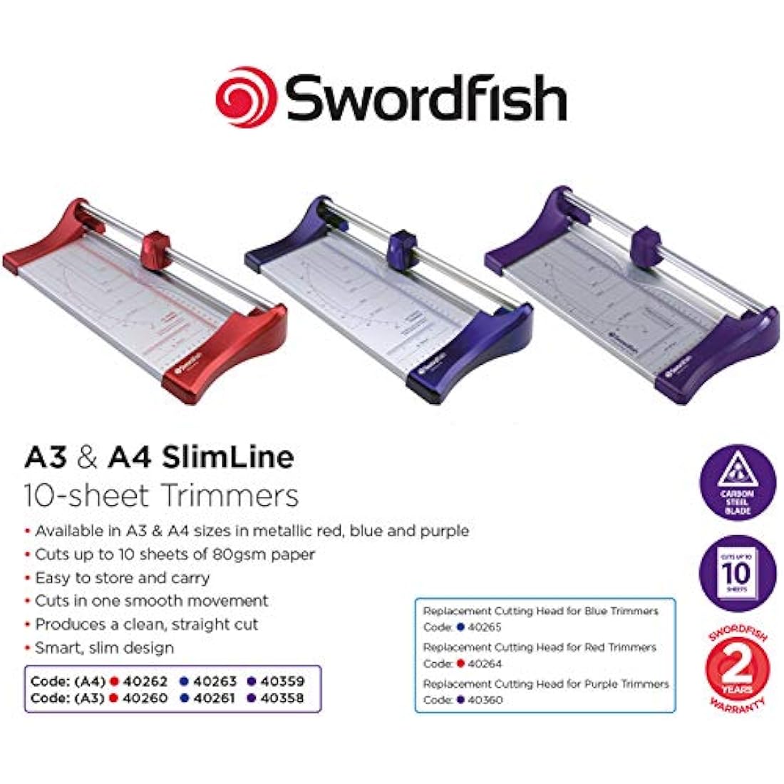 Swordfish 40260 Slimline A3 10 Sheet Rotary Paper Trimmer/Guillotine - Red