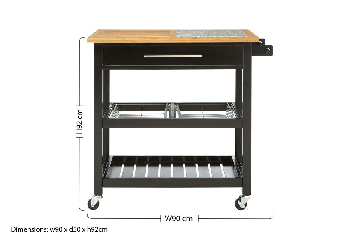 Black Kitchen Trolley with Granite Chopping Surface Glenn | Harlow