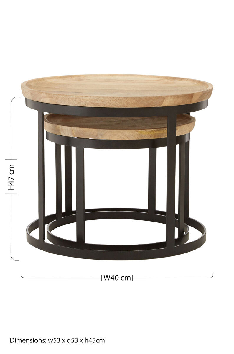 Set of 2 Natural Mango Wood Top Nesting Tables with Black Open Cage Metal Frame, Boho