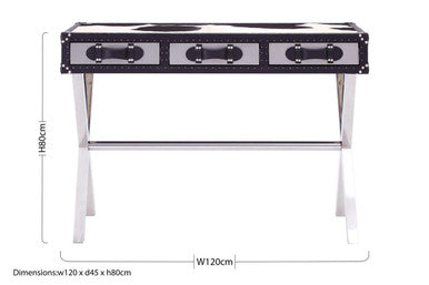 Black and White Cowhide Console Table with 3 Drawers and Leather Trim, Kensington Townhouse