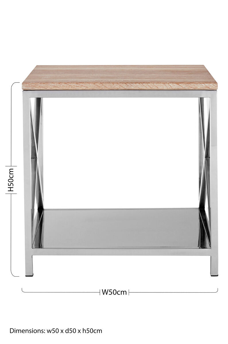 Chiswick Natural Oak Wood Side Table with Silver Finish Frame