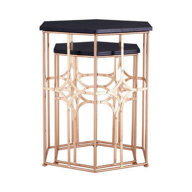 Set of 2 Black Hexagon Top Nesting Side Tables with Rose Gold Metal Frames, Lexa
