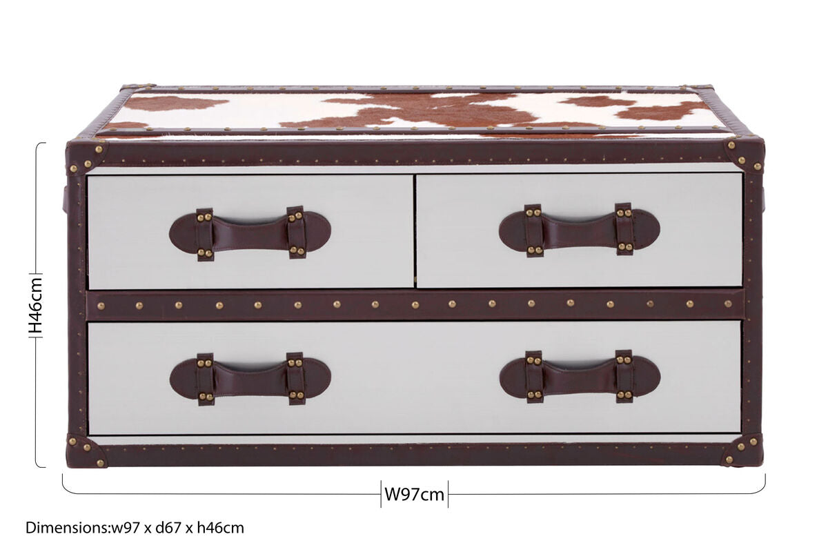 Brown and White Genuine Cowhide Coffee Table with 3 Drawers and Leather Handles, Kensington Townhouse