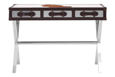 Brown and White Genuine Cowhide 3-Drawer Console Table with Crossed Stainless Steel Legs, Kensington Townhouse