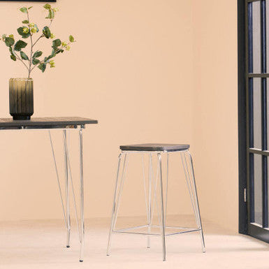District Chrome Metal And Elm Wood Square Bar Stool