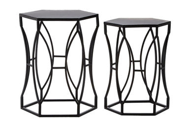 Set of 2 Black Metal Hexagon Top Side Tables with Geometric Industrial Frame | Avantis