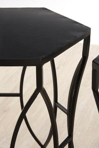 Set of 2 Black Metal Hexagon Top Side Tables with Geometric Industrial Frame, Avantis