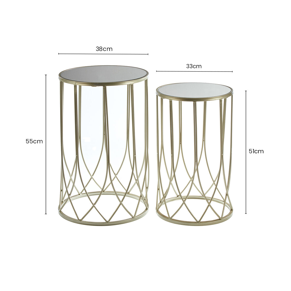 Avantis Champagne Finish Set of 2 Round Side Tables with Crossed Arch Design