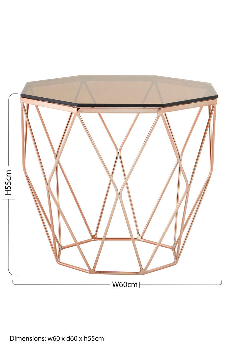 Allure Amber Glass and Rose Gold Finish Hexagonal Side Table