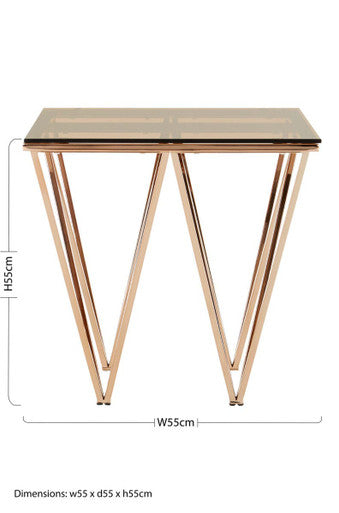 Allure Amber Glass Side Table with Rose Gold Finish Base