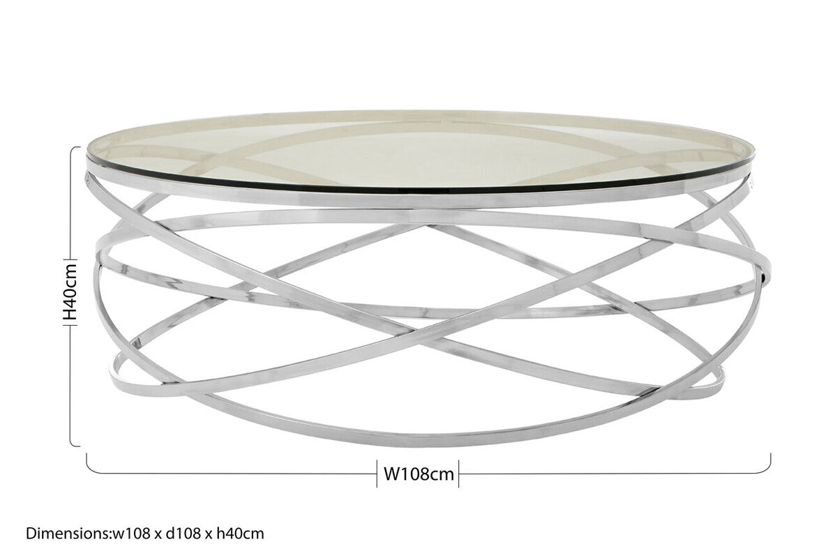 Round Tempered Glass Top Coffee Table with Silver Swirl Stainless Steel Hoop Base, Allure