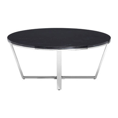 Round Black Faux Marble Coffee Table with Chrome Lattice Leg Design, Allure