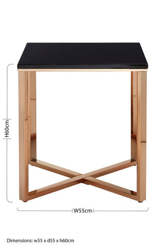 Square Black Faux Marble End Table with Champagne Gold Metal Legs, Allure