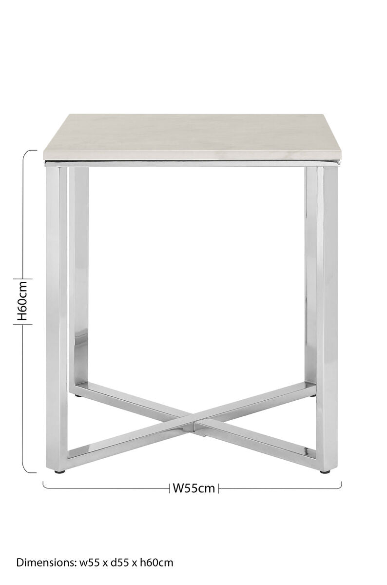 Allure White Marble Effect Square Side Table with Chrome Base