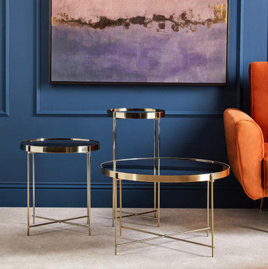 Brushed Bronze Lattice Base Large Side Table with Black Mirror Tabletop, Allure