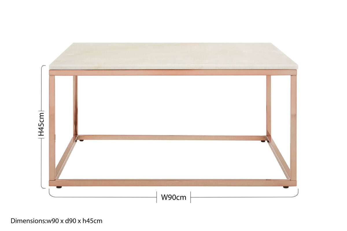 Allure White Marble Square Coffee Table with Rose Gold Finish Base