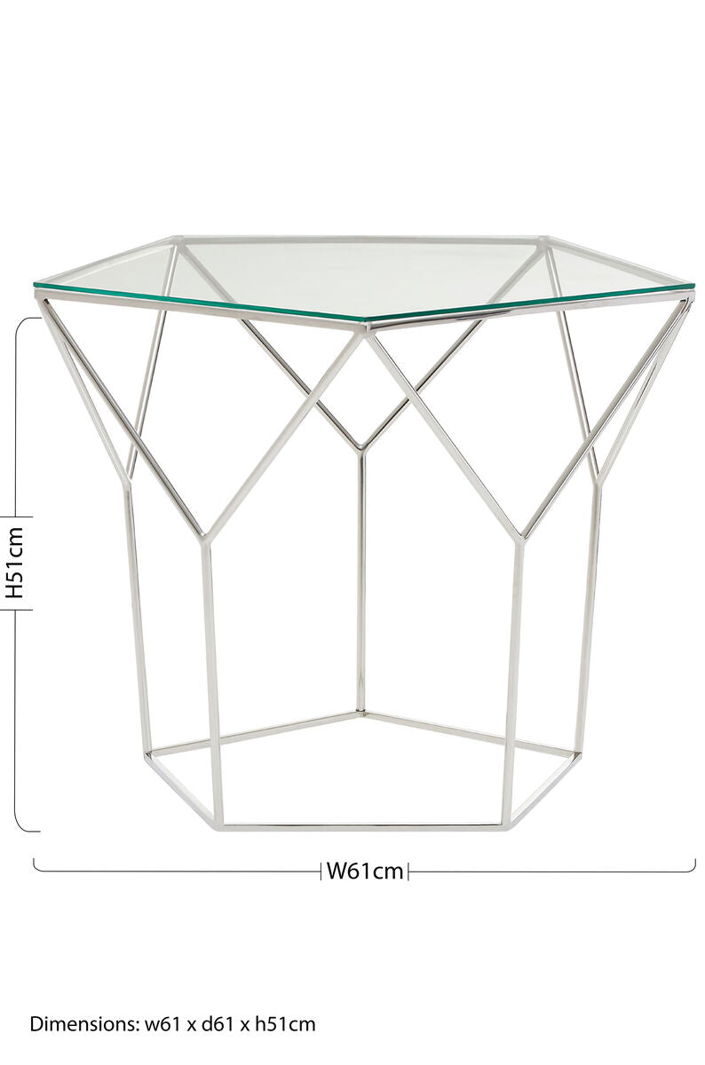Pentagonal Silver Glass Top and Steel Base Coffee Table, Shalimar