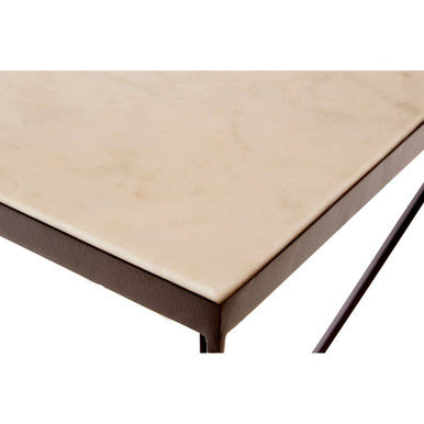 Natural Marble Top Trapezoid Side Table with Matte Black Iron Legs, Shalimar