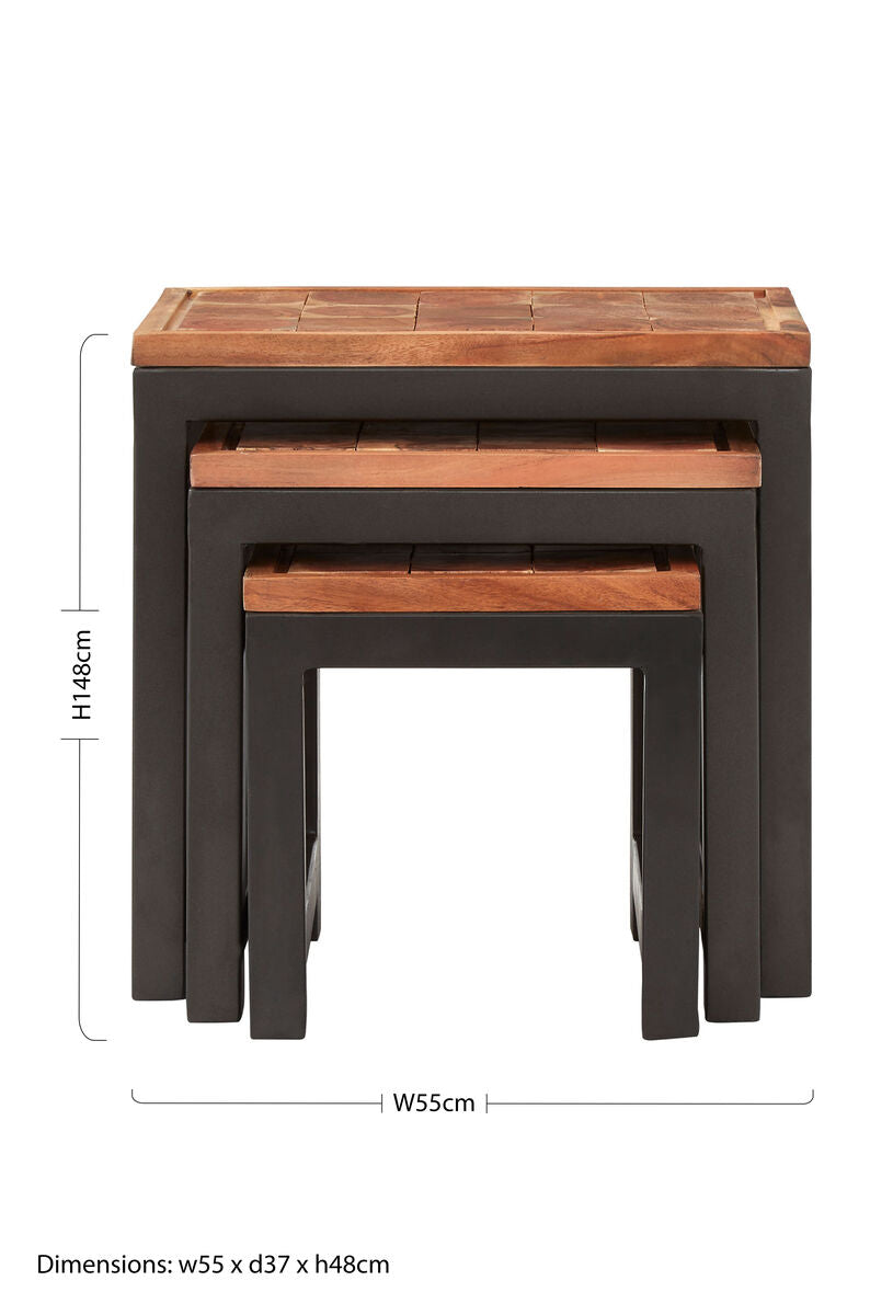 Natural Wood Top Nesting Tables Set of 3 with Black Metal Legs, Artisan