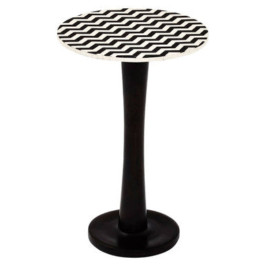 White and Black Two-Tone Geometric Acacia Wood Bar Table with Black Iron Pedestal Base, Artisan
