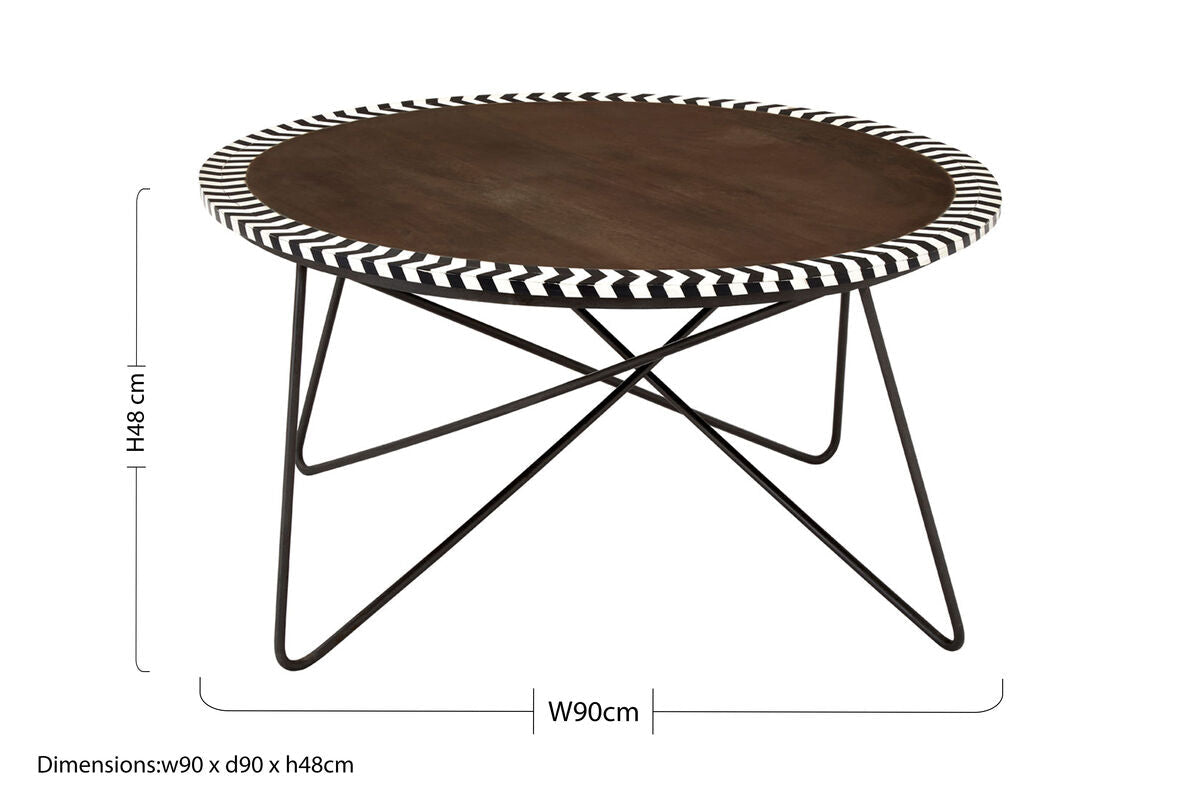 Natural Acacia Wood Coffee Table with Chevron Trim and Black Iron Hairpin Legs, Artisan