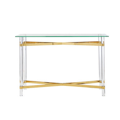 Clear Tempered Glass Console Table with Clear Acrylic Legs and Gold Finish Metal Cross Frame, Clarence