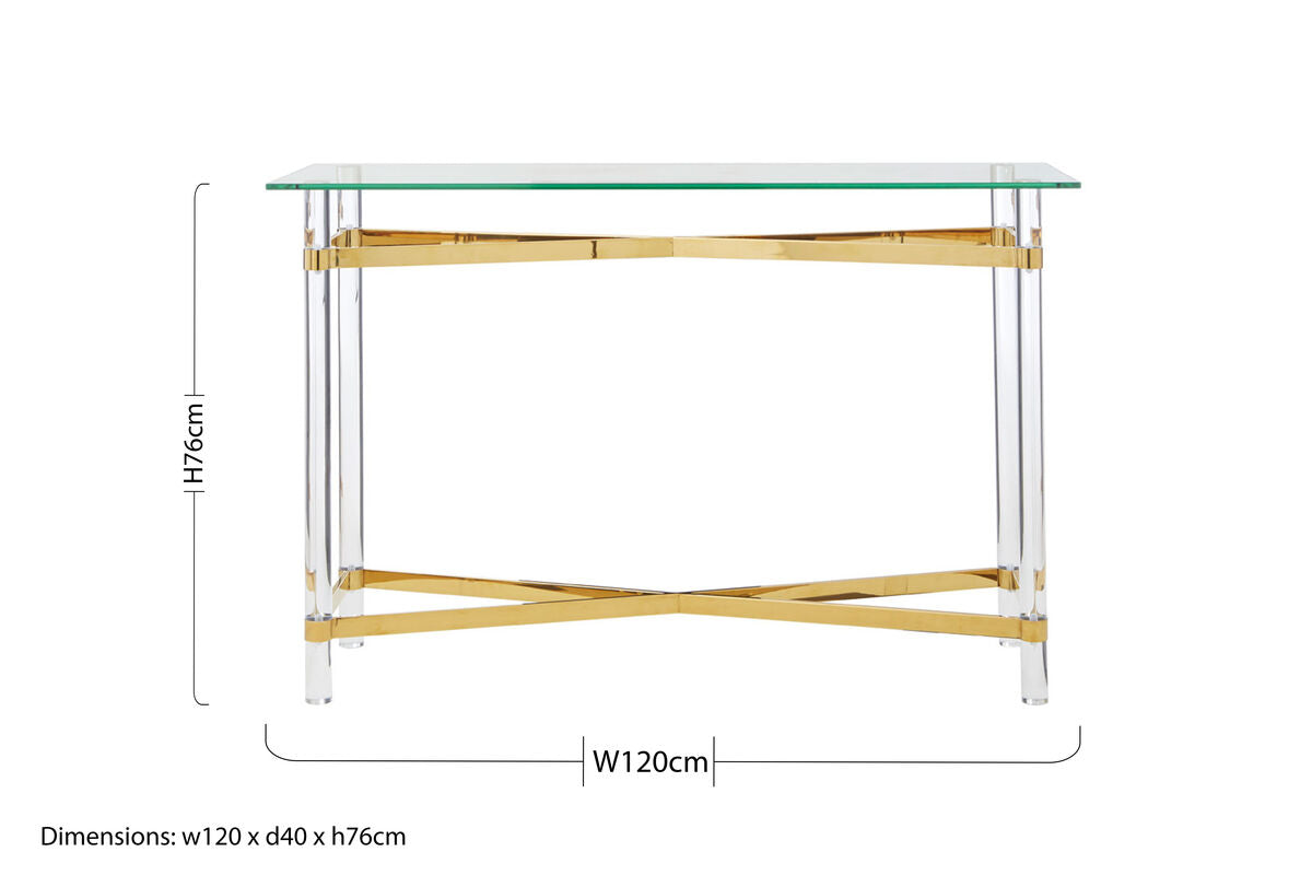 Clear Tempered Glass Console Table with Clear Acrylic Legs and Gold Finish Metal Cross Frame, Clarence