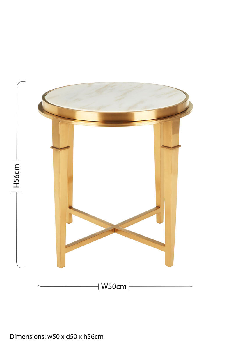 Alvaro White Marble and Gold Finish Round Side Table