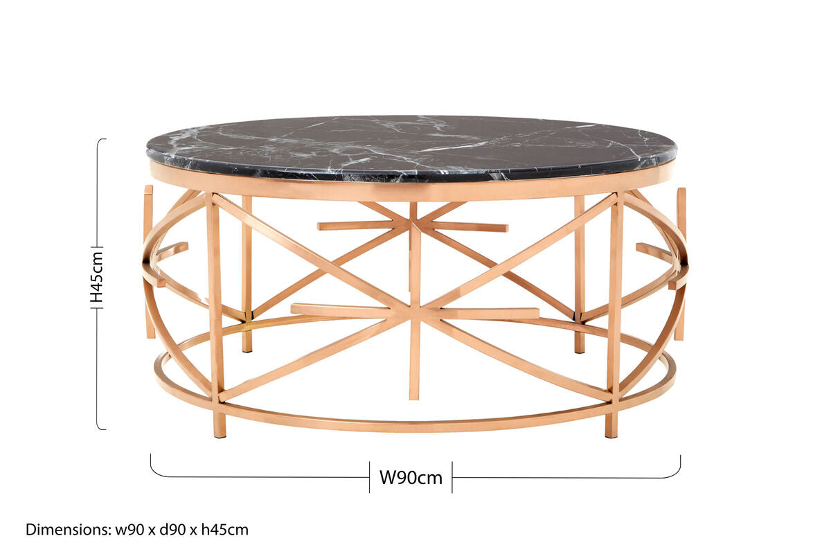 Rose Gold Finish Stainless Steel Frame Coffee Table with Black Marble Top, Alvaro