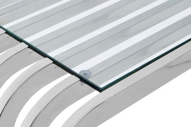 Silver Polished Stainless Steel Slatted Console Table with Curved Shoulders and Clear Tempered Glass Top, Vogue