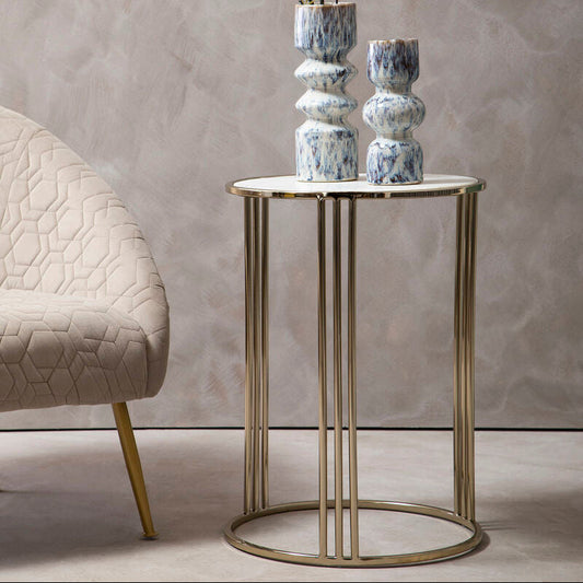 White Marble Top Round Side Table Gold Finish Steel Base, Macy