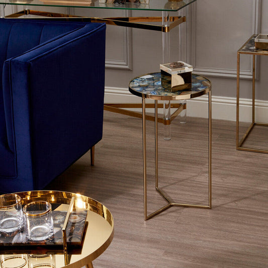 Round Blue Agate Stone Top Side Table with Rich Gold Steel Base, Vita