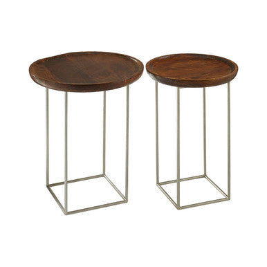 Set of 2 Side Tables with Reflective Silver Iron Legs and Wood Tops, Crest