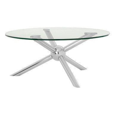 Round Clear Tempered Glass Top Coffee Table with Silver Finish Stainless Steel Base, Novo
