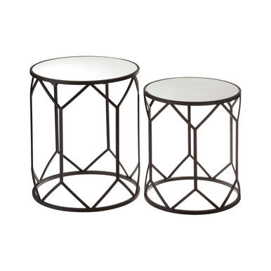 Avantis Black Finish Set of 2 Round Side Tables with Hexagon Design
