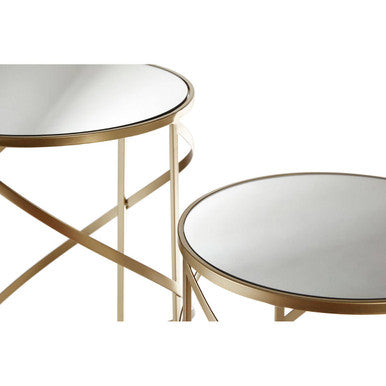 Set of 2 Gold Champagne Finish Flowing Swirl Metal Frame Side Tables with Mirrored Glass Tops, Avantis