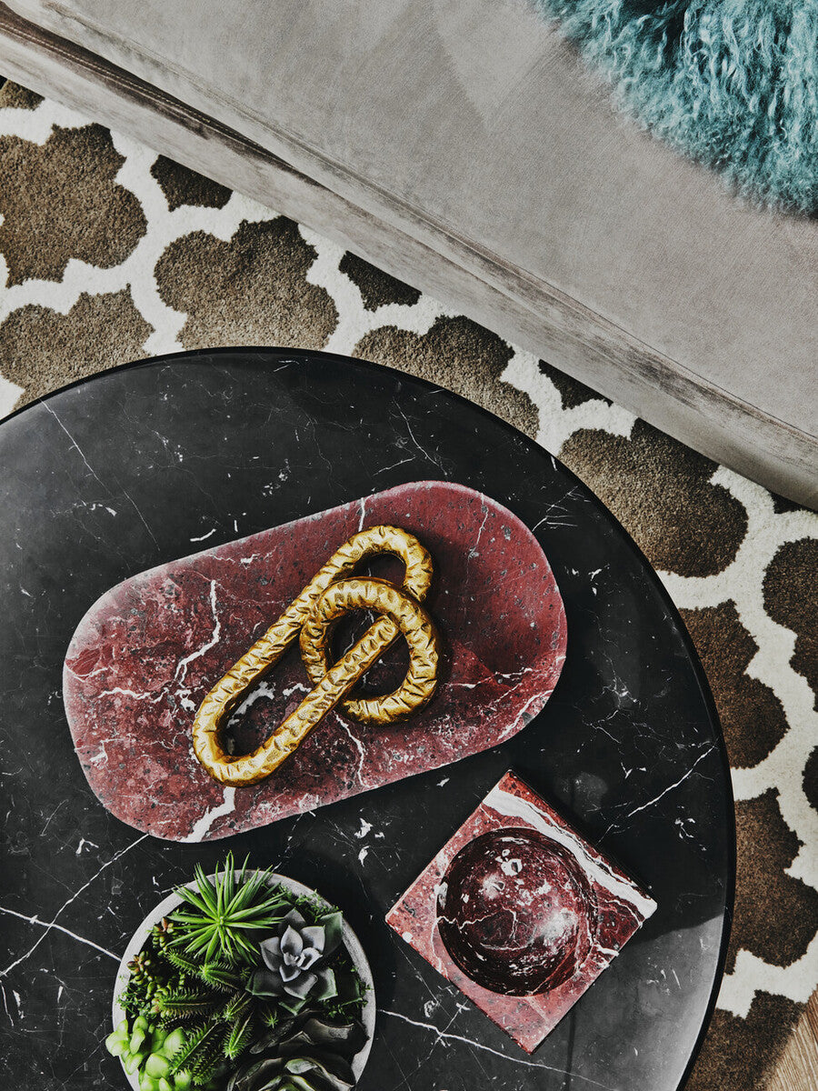 Dark Grey Marble Top Round Coffee Table with Walnut Wood Frame and Brass Finish Accents, Kenso