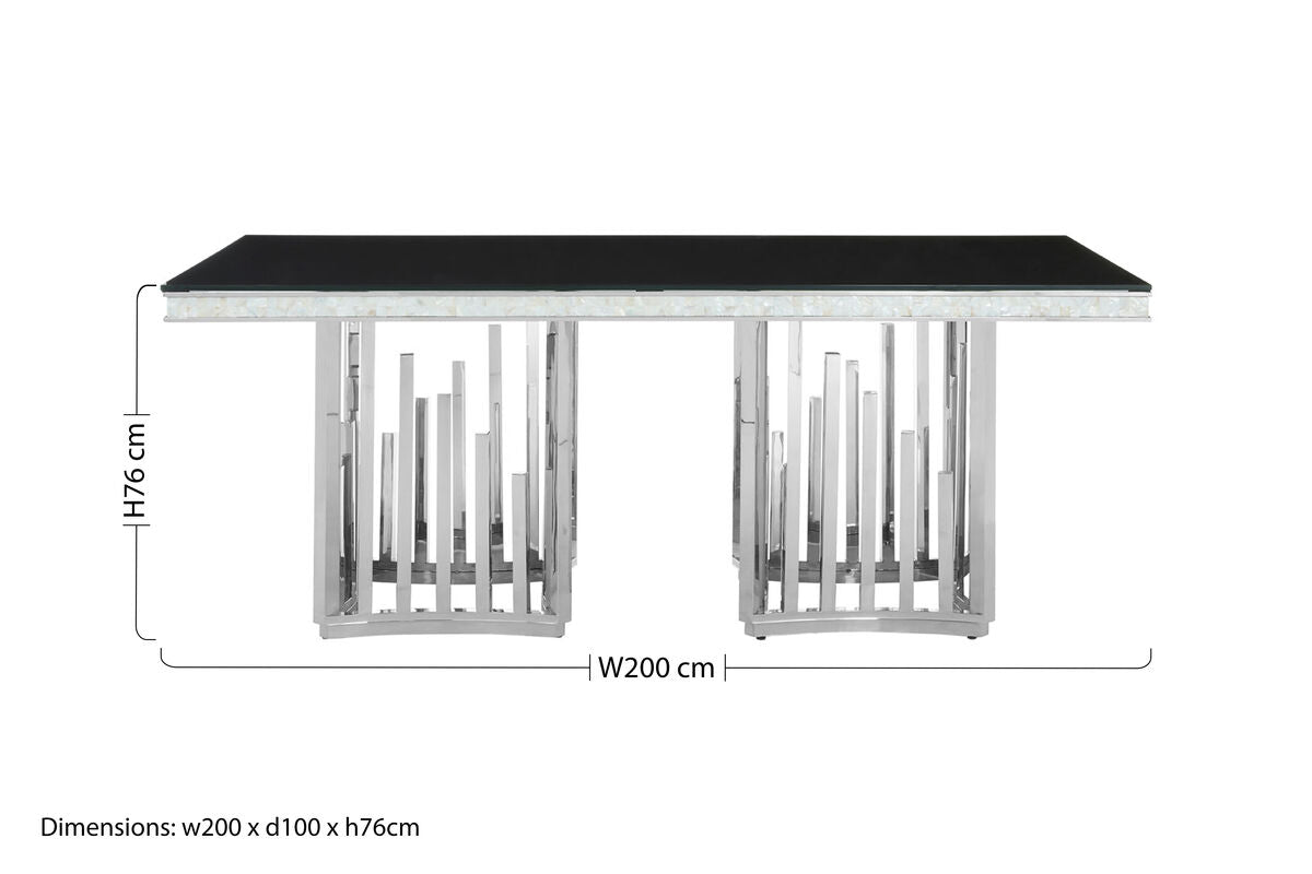 Rectangular Black Tempered Glass Top Dining Table with Silver Steel Frame, Eliza