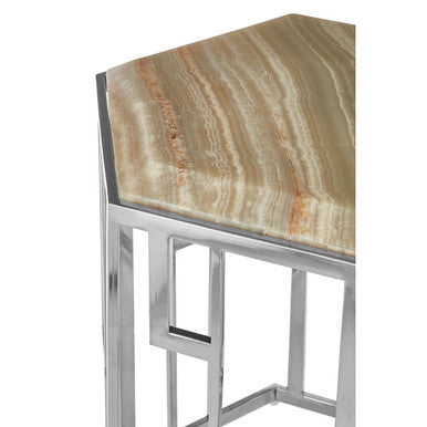 Natural Onyx Stone Top Hexagonal Side Table with Wavy Banding and Silver Stainless Steel Frame, Relic