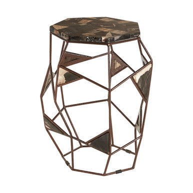 Dark Petrified Wood Top Side Table with Brass Finish Geometric Frame, Relic