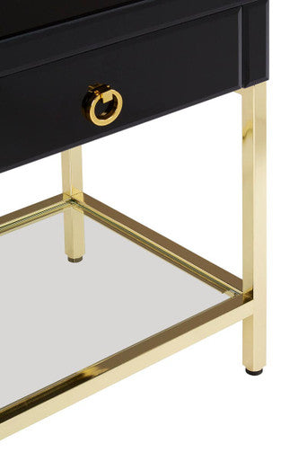 Gloss Black Wooden Cabinet Side Table with 1 Drawer and Gold Metal Frame, Kensington Townhouse