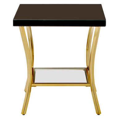 Black Mirror Glass Top and Wooden Side Table with Reflective Gold Curved Iron Legs, Kensington Townhouse