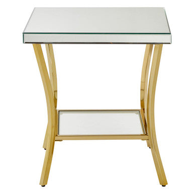 Glossy Black Top Mirror Side Table with Reflective Gold Curved Iron Legs, Kensington Townhouse