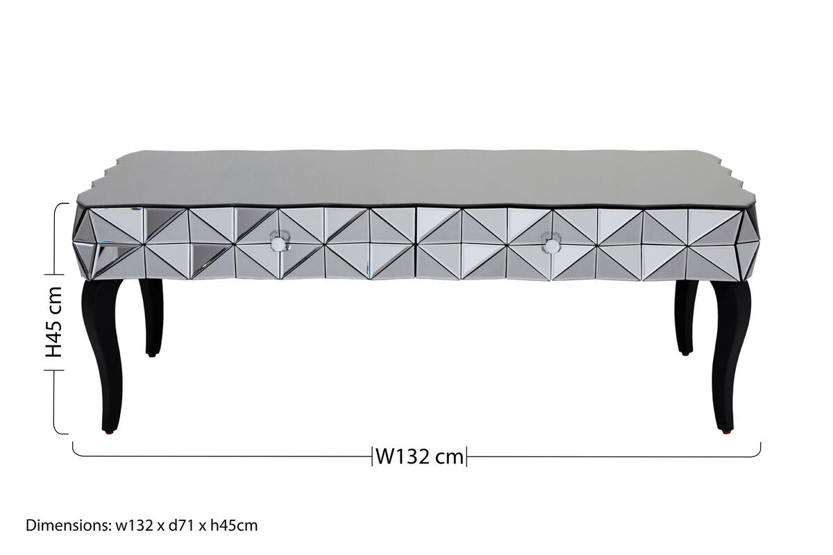 Silver Geometric Coffee Table with Smoked Glass Top and Black Wood Legs, Soho