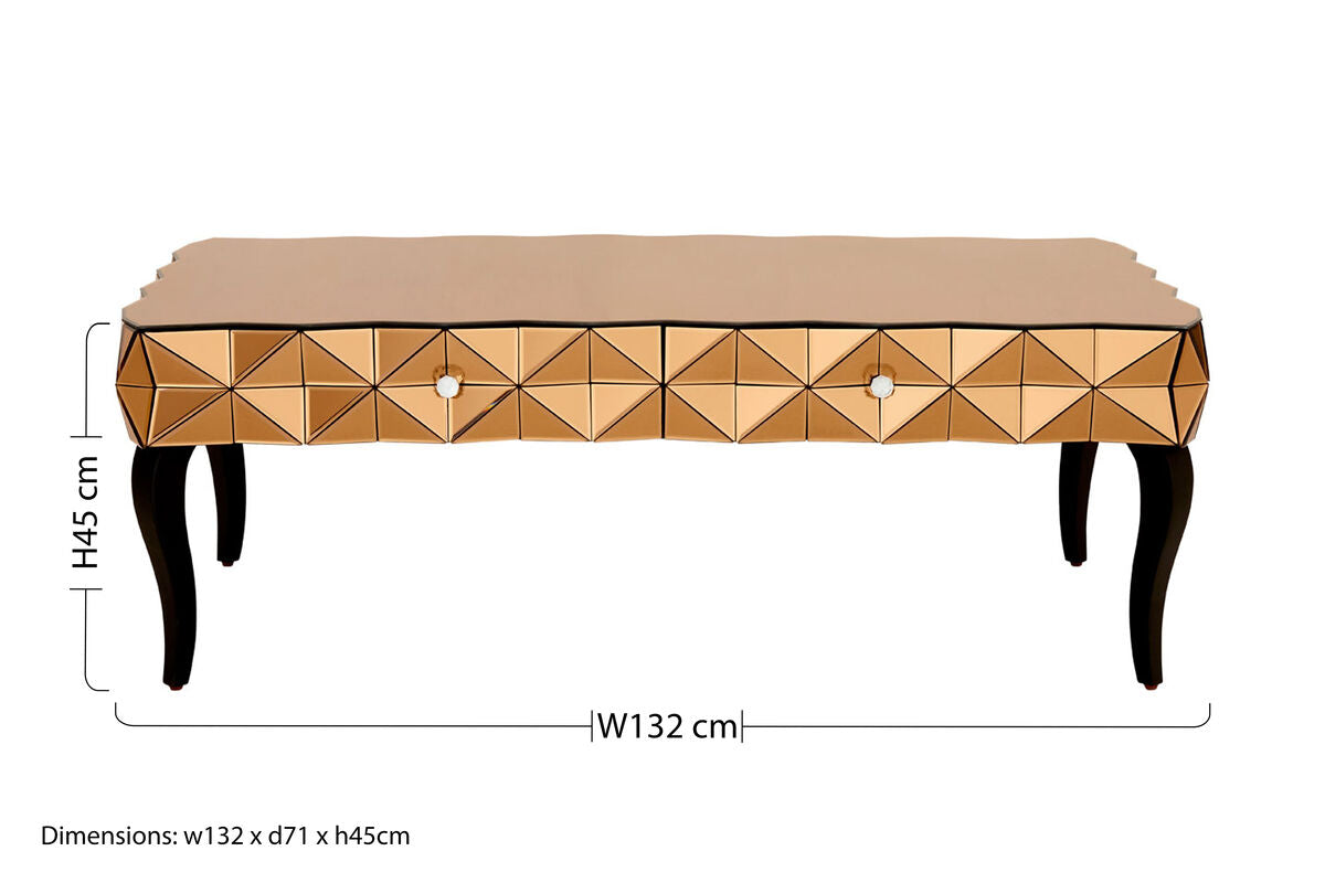 Gold Copper Geometric Coffee Table with Smoked Glass Top and Black Wood Legs, Soho