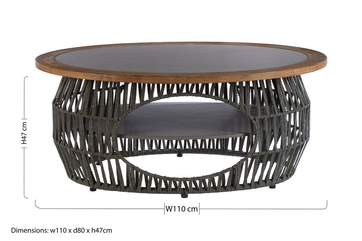 Grey Stone and Natural Wood Top Coffee Table with Rope Base, Opus