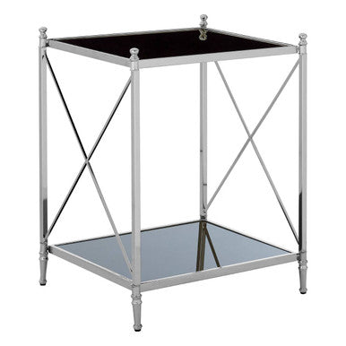 Black Mirrored Glass Two Tier Side Table with Silver Metal Cross Design, Hoffmann