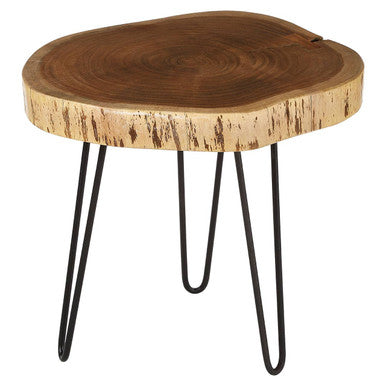 Brown Acacia Wood Cross Section Top Tripod Base Side Table, Nandri